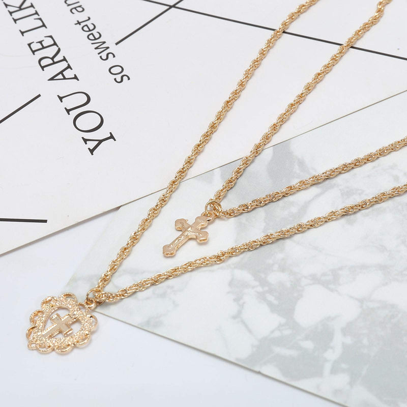 Cross Heart Pendant Necklace Boho Crucifix Printing Heart Shaped Crystal Necklace Chain Jewelry Gold Plated for Women Girls - BeesActive Australia