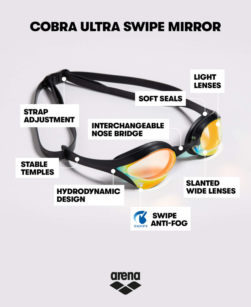 [AUSTRALIA] - Arena Cobra Ultra Swimming Goggles, Professional Competitive Swim Racing Goggles for Men and Women with Interchangeable Nose Bridge, Best for Indoor Outdoor triathlons and Lap Swimming Yellow Copper / White Swipe Anti-Fog Mirror (NEW) 