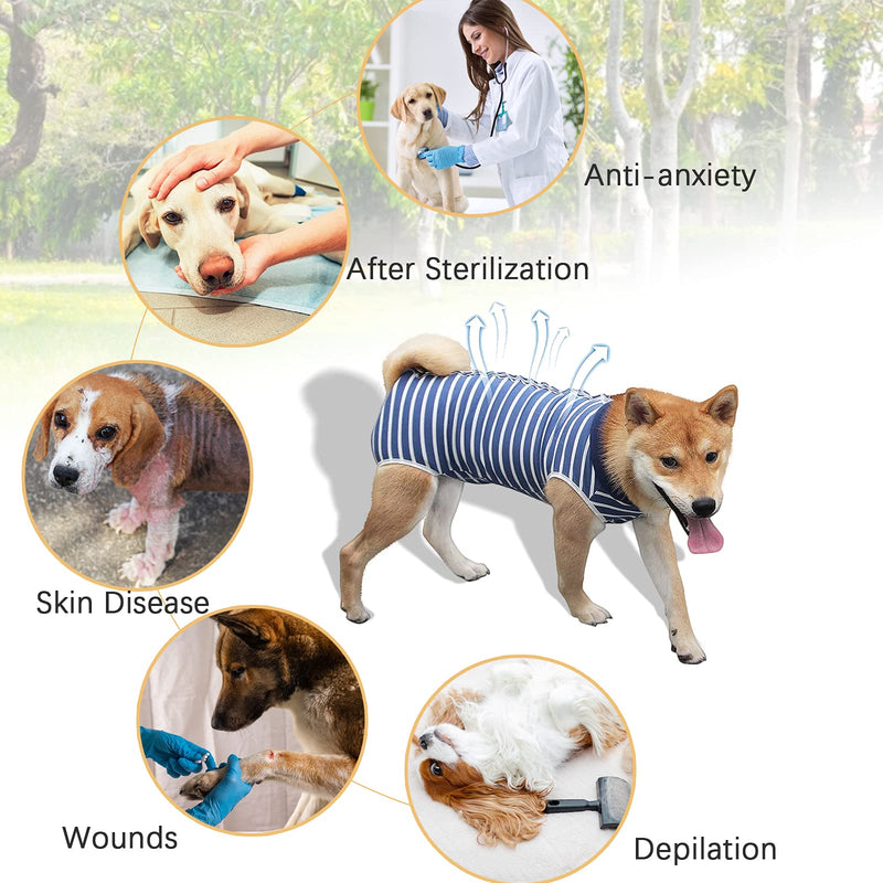Hipet Dog Onesie Dog Surgery Recovery Suit for Male Female Surgical Suit for Spay and Neuter E-Collar & Cone Alternative Anti-Biting Lick Wound Medium Stripe Blue - BeesActive Australia