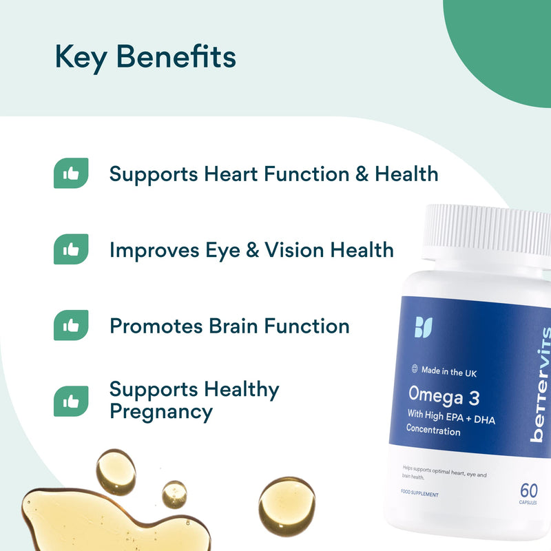 Bettervits Omega 3 | 33% EPA & 22% DHA | Potent Fish Oil | Supports Mood | Supports Heart, Eye, Skin & Bone Health | Made in the UK - BeesActive Australia