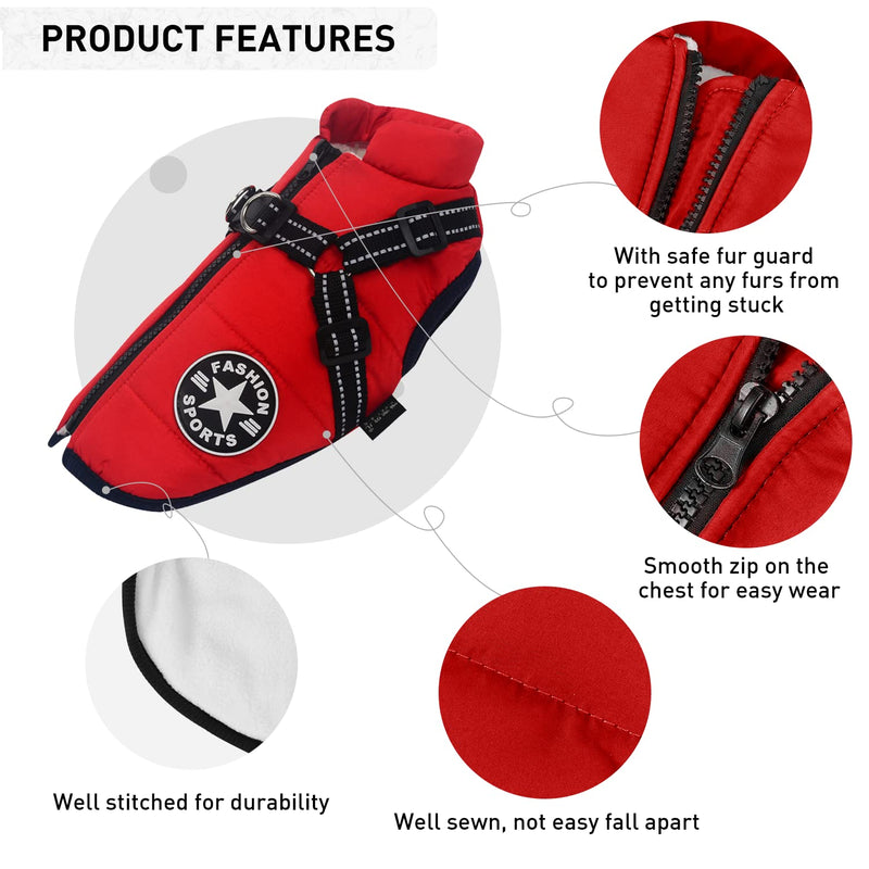 Dog Jacket for Small Medium Dogs - Dog Winter Coat Fleece Lined with Harness Cozy Warm - Waterproof Windproof Dog Cold Weather Vest with Zipper Easy Wear - Reflective Dog Winter Clothes Outdoor Hiking Red XL - BeesActive Australia