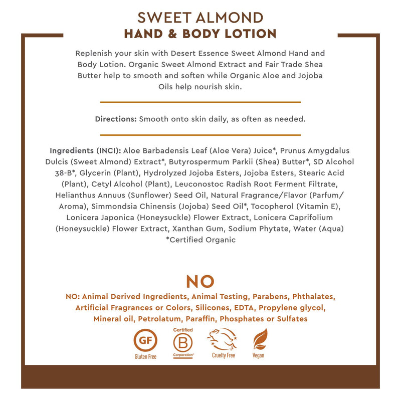Desert Essence Sweet Almond Hand & Body Lotion - 8 Fl Ounce - Replenishing - Aloe Vera - Shea Butter - Jojoba Oil - Nourishes Dry Skin - Soft & Silky - Vitamin A, B & E - BeesActive Australia