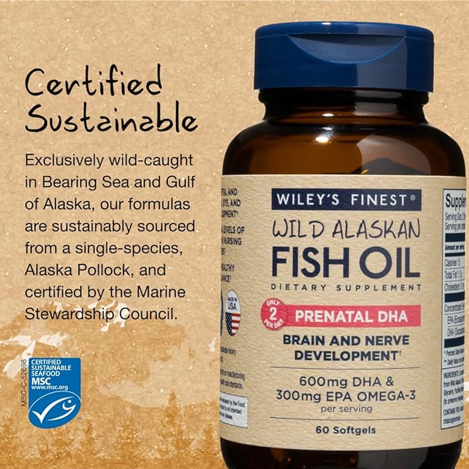 Wiley's Finest - Wild Alaskan Fish Oil: Prenatal DHA 600mg DHA - Omega 3 Supplement - 60 Softgels by Wiley's Finest - BeesActive Australia