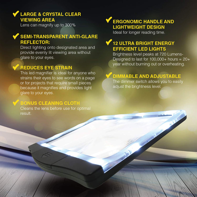 MagniPros 3X Large Ultra Bright LED Page Magnifier with 12 Anti-Glare Dimmable LEDs (Provide More Evenly Lit Viewing Area & Relieve Eye Strain)-Ideal for Reading Small Prints & Low Vision & Aging Eyes Black - BeesActive Australia