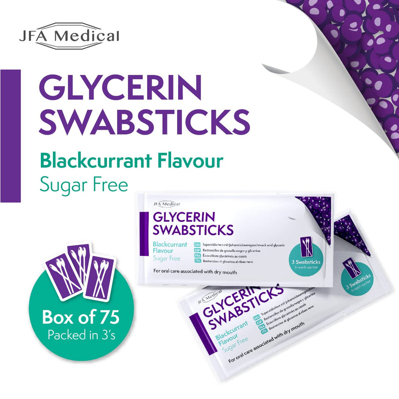JFA Medical Glycerin Swabsticks Blackcurrant Flavour Sugar Free Swab Sticks for Dry Mouth - Box of 75 - BeesActive Australia