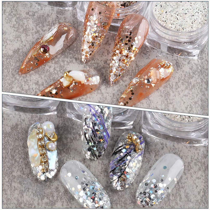 Mori Elves 6 Boxes Holographic Nail Glitter 3D Nail Art Sequins Different Mixed Retro Copper Sparkles Flakes for Women Nail Art Decoration Manicure DIY Cosmetic Champagne - BeesActive Australia