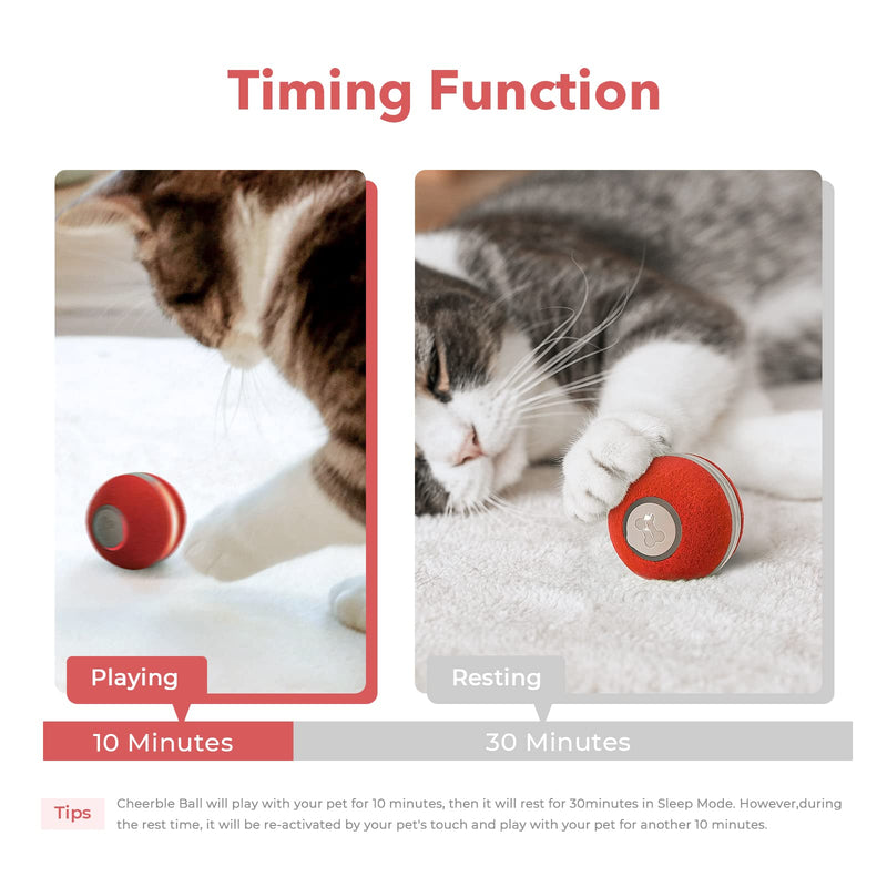 Cheerble Smart Interactive Cat Toy, Automatic Moving Bouncing Rolling Ball for Indoor Cat Kitten, Self Rotating Ball with Lights and Bell 1 Red - BeesActive Australia