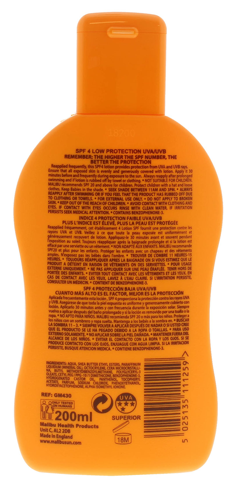 Malibu Sun SPF 4 Lotion, Low Protection Sun Cream, Water Resistant, Vitamin Enriched, 200ml - BeesActive Australia