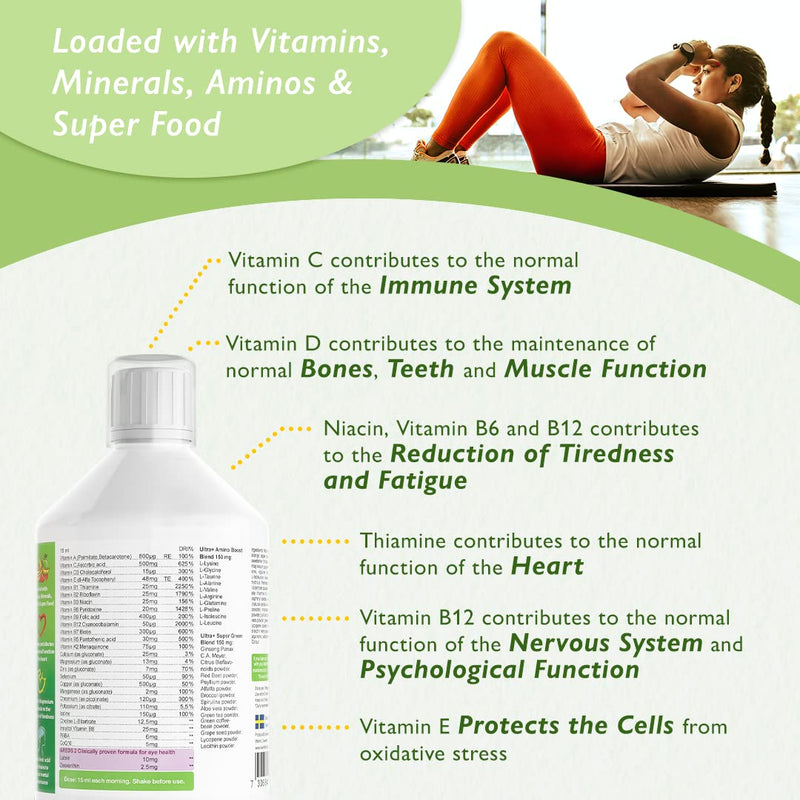 Swedish Nutra Vegan Multivitamin Liquid - Pack of 500ml, 33 Day Supply| Orange Flavour with 51 Active Ingredients| 100% Natural Flavour| High Absorption Rate| Vitamins, Minerals, Aminos & Super Greens - BeesActive Australia