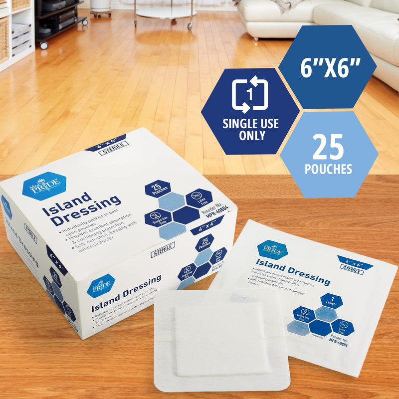 Med PRIDE 6 inch x 6 inch Bordered Gauze-Island Dressing| 25 Pack-Individually Packed Pouches| Wound Dressing with Adhesive, Breathable Borders| Sterile & Highly Absorbent| Latex-Free 6'' x 6'' - BeesActive Australia