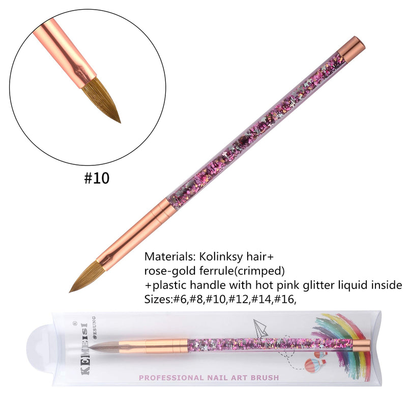 KEMEISI 2019 Hot Pink Glitter Liquid Handle Kolinsky Sable Nail Art Brush Factory Crimped Size 6,8,10,12,14,16 (#10) #10 - BeesActive Australia