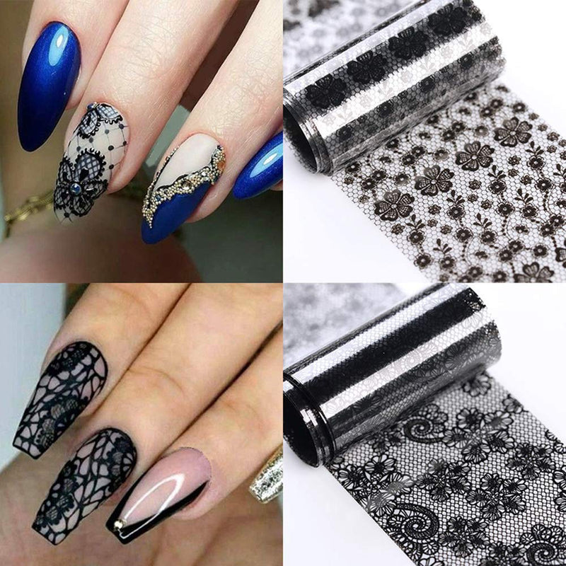 Retro Holographic Nail Foil Transfer Stickers 10Rolls Black and White Lace Laser Foils Nail Art Supplies Starry Paper Designs for Acrylic Decorations Women DIY Nail Arts Manicure Wraps Charms - BeesActive Australia