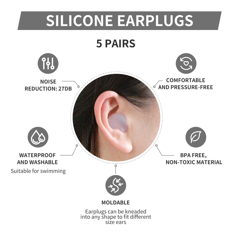 Silicone Moldable Earplugs, 27dB SNR, 5 Pairs, Ear Plugs for Swimming, Sleeping and Reading by Lysian (Transparent Color) Transparent Color - BeesActive Australia