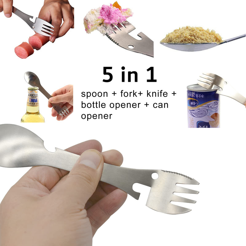 Pinenjoy 2Pcs Multi-Function Camping Spork 18/10(304) Stainless Steel Spoon Fork Knife Can Opener Bottle Opener 5 in 1 Protable Utensil for Outdoor Camping, Hiking, Fishing, Boating,BBQ,Travel - BeesActive Australia