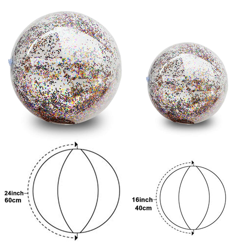 [AUSTRALIA] - 5 Pack Sequin Beach Ball Jumbo Pool Toys Balls Giant Confetti Glitter Inflatable Clear Beach Ball Swimming Pool Water Beach Toys Outdoor Summer Party Favors for Kids Adults (24"-2 Pieces,16"-3 Pieces) 