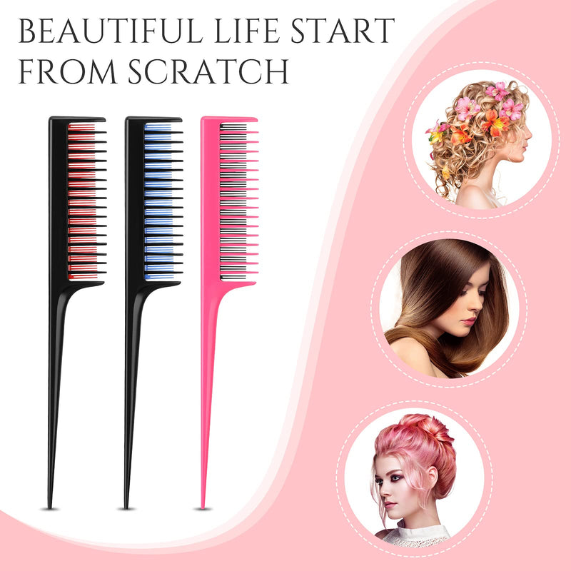 Leinuosen 3 Piece Triple Teasing Comb Rat Tail Tool and Structure Tease Layers Rattail for Women Back Combing Root Adding Volume Evening Styling (Black Red, Black Blue, Pink Black) Black and Red, Black and Blue, Pink and Black - BeesActive Australia