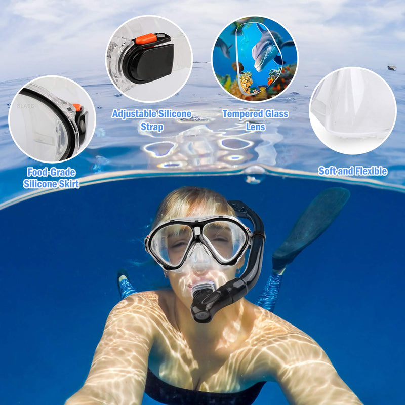Gintenco Kids Snorkel Set, Dry Top Snorkel Mask Anti-Leak for Youth Junior Child, Anti-Fog Snorkeling Gear Free Breathing,Tempered Glass Swimming Diving Scuba Goggles 180° Panoramic View Black - BeesActive Australia