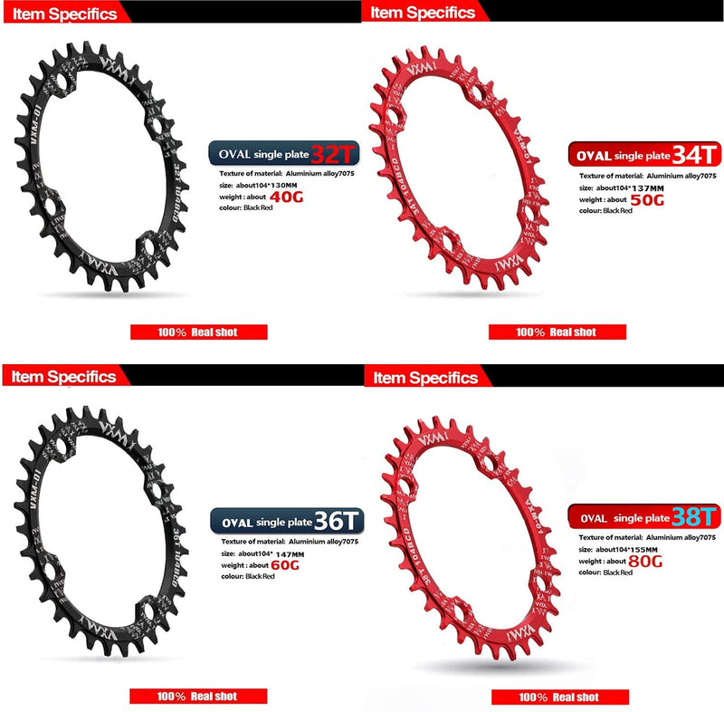 YBEKI 30T 32T 34T 36T 38T 40T 42T 44T 46T 48T 50T 52T Chainring 104BCD Round Oval Narrow Wide Single Bike Chainring for 8 9 10 11 Speed Mountain Bike Road Bike MTB BMX black oval - BeesActive Australia