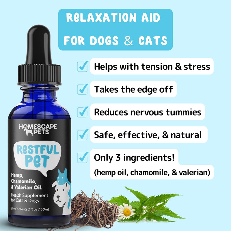 Hempseed, Chamomile & Valerian Oil for Cats & Dogs - RESTFUL PET - for Relaxation - Anxiety, Stress, Fireworks, Thunder, Separation - Natural Organic Calming Drops - All Breeds (2 fl oz) - BeesActive Australia