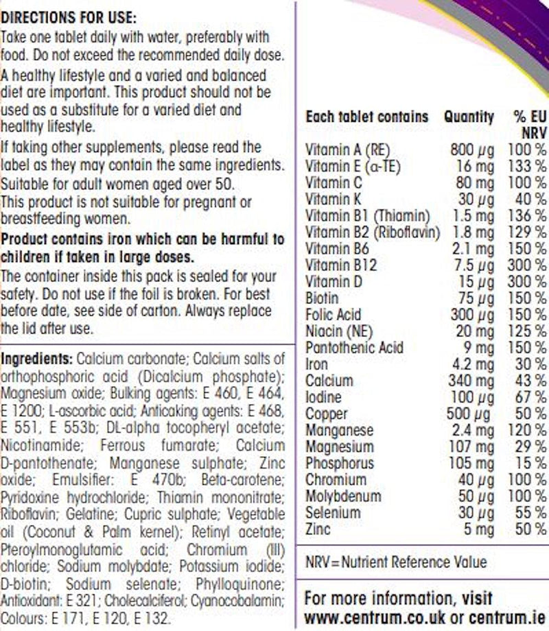 Centrum Women 50+ Multivitamin & Mineral Tablets, 24 essential nutrients including Vitamin D, Complete Multivitamin Tablets, 30 tablets - BeesActive Australia