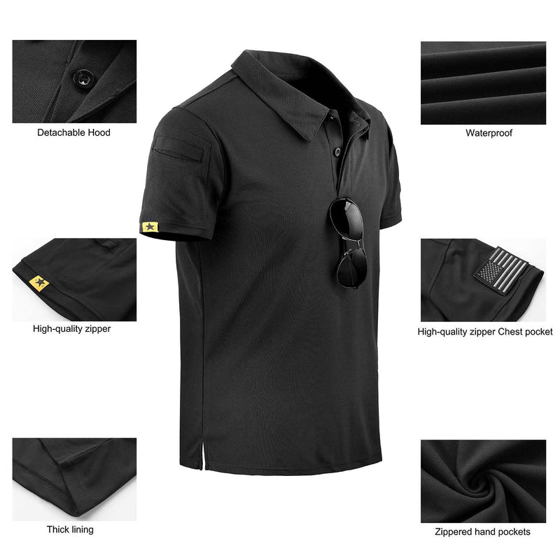 LAIWANG Men's Outdoor Performance Tactical Polo Shirts Short Sleeve Moisture Wicking Sports Golf Tennis T-Shirt Small Black - BeesActive Australia