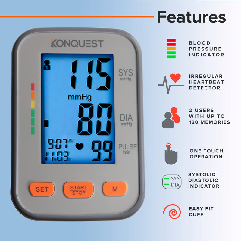 Konquest KBP-2704A Automatic Upper Arm Blood Pressure Monitor - Adjustable Cuff - Large Backlit Display - Irregular Heartbeat Detector - Tensiometro Digital… Gray - BeesActive Australia