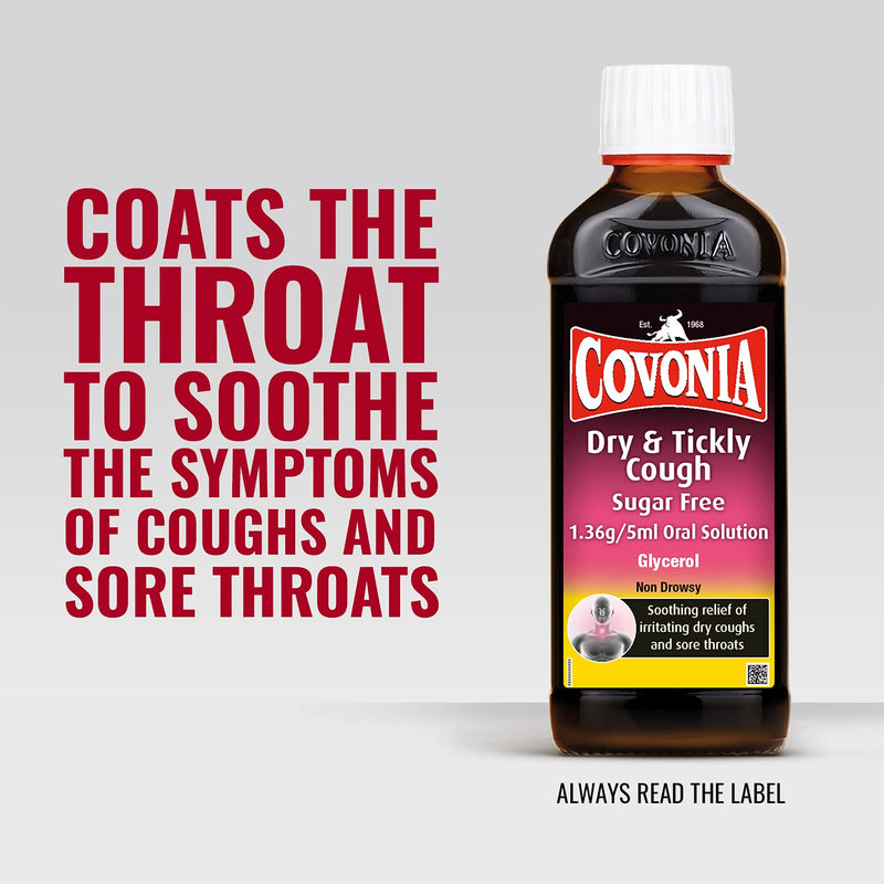 Covonia Dry Tickly Cough Sugar Free Oral Solution, Soothes The Symptoms Of Cough And Sore Throat, 150 ml 150 ml (Pack of 1) - BeesActive Australia