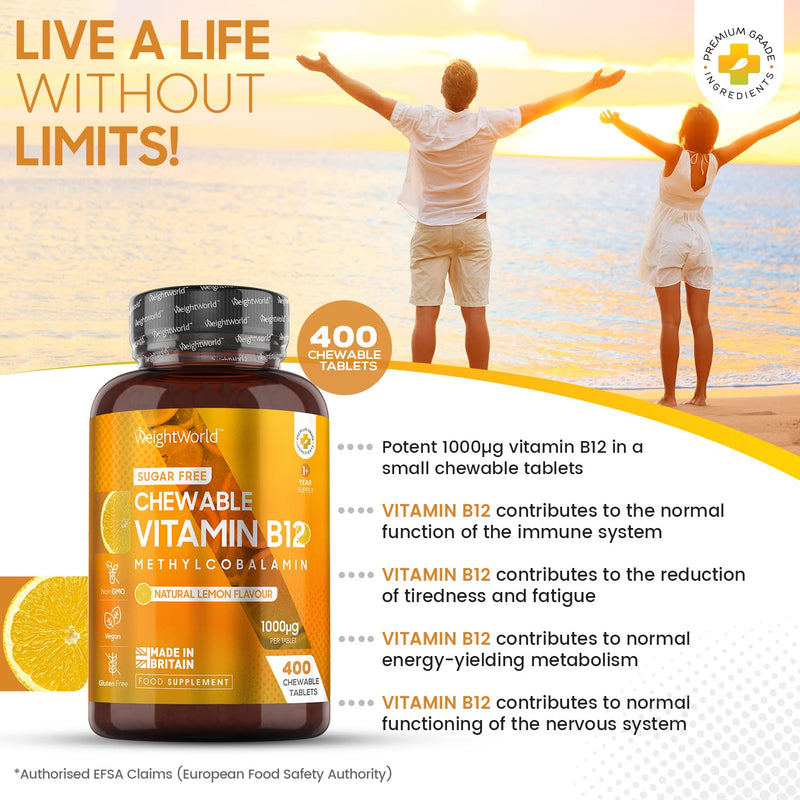 Vitamin B12 High Strength 1000mcg - 1+ Year Supply (400 Chewable & Vegan Vitamin B12 Tablets) - Sugar Free methylcobalamin b12 VIT B12 Supplement for Energy - Lemon Flavour - Made in The UK - BeesActive Australia