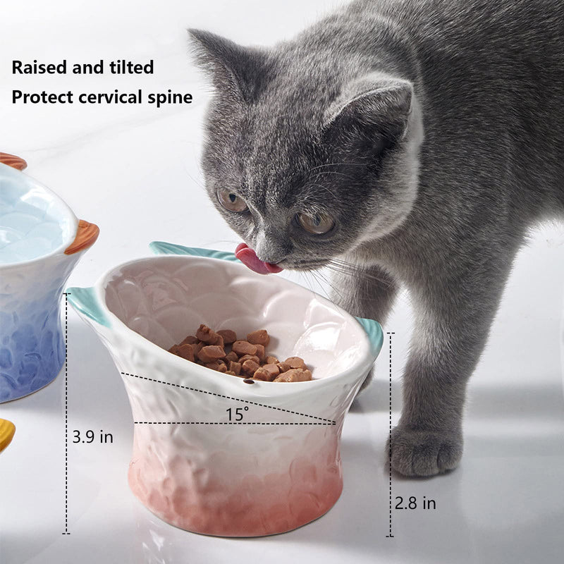 Raised Tilted Ceramic Cat Food Bowl - Cute Pink Fish Shape Elevated Slanted Shallow Angled Cat Dish - Personalized Pet Feeder for Kitty Dry Wet Treats Feeding - Ergonomic Anti Vomiting Whisker Fatigue - BeesActive Australia