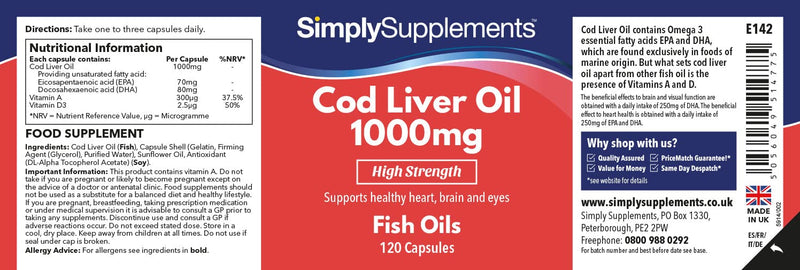 Cod Liver Oil 1000mg 120 Capsules | Rich in Omega 3 Fatty Acids | Manufactured in The UK - BeesActive Australia