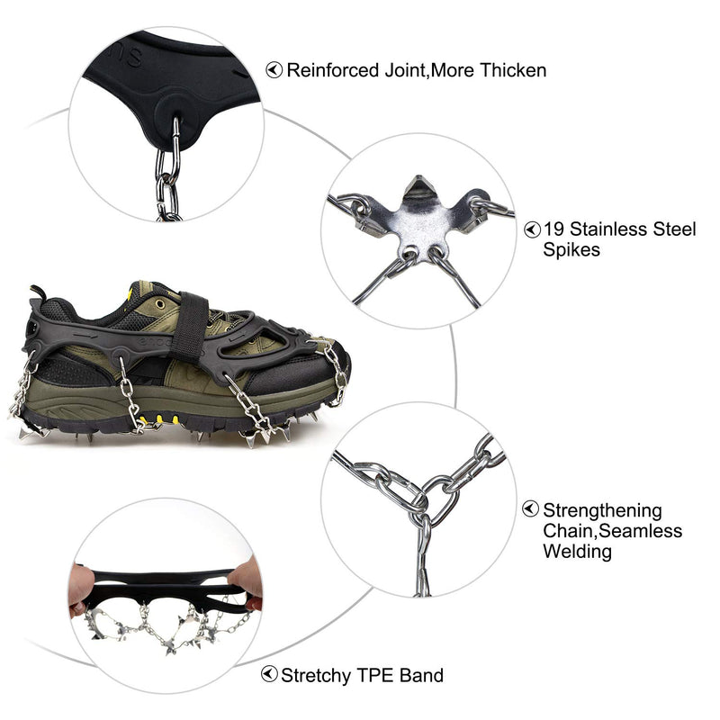 Crampons Ice Cleats for Shoes and Boots Women Men Kids Anti Slip 19 Spikes Stainless Steel Microspikes for Hiking Fishing Walking Climbing Jogging Mountaineering Black Medium - BeesActive Australia