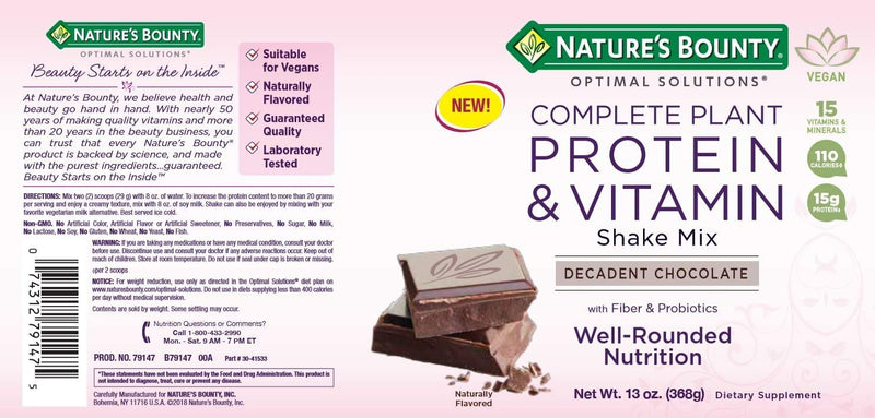 Complete Plant Protein & Vitamin Shake Mix by Nature's Bounty Optimal Solutions, with Fiber and Probiotics, Plant Based, Decadent Chocolate, 13 Oz - BeesActive Australia