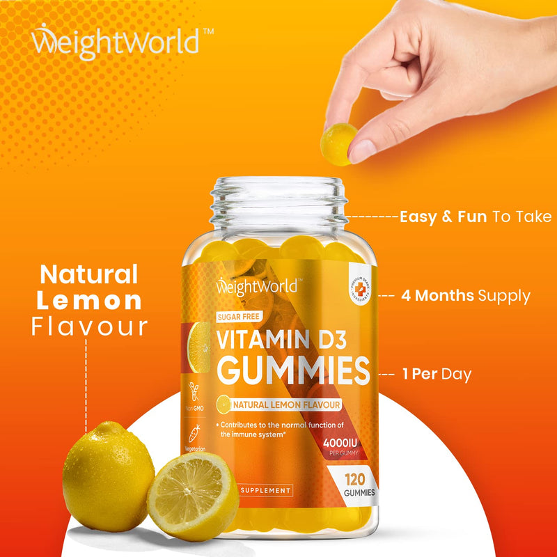 Vitamin D Gummies Adults 4000IU - Sugar-Free - 4 Months Supply - Natural Lemon Flavour - 120 Chewable Vitamin D3 Gummies - Vegetarian Friendly - High Strength Vitamin D Supplement - GMO & Gluten Free - BeesActive Australia