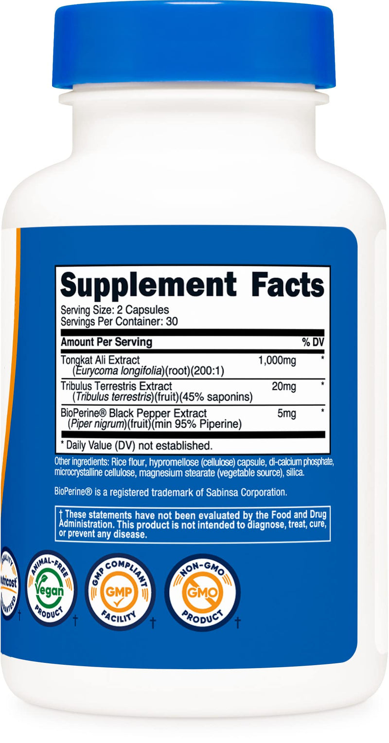 Nutricost Tongkat Ali 1,000mg 60 Capsules - with Tribulus Terrestris and BioPerine, Vegetarian Caps, Non-GMO, Gluten Free, Potent Extract 60 Count (Pack of 1) - BeesActive Australia