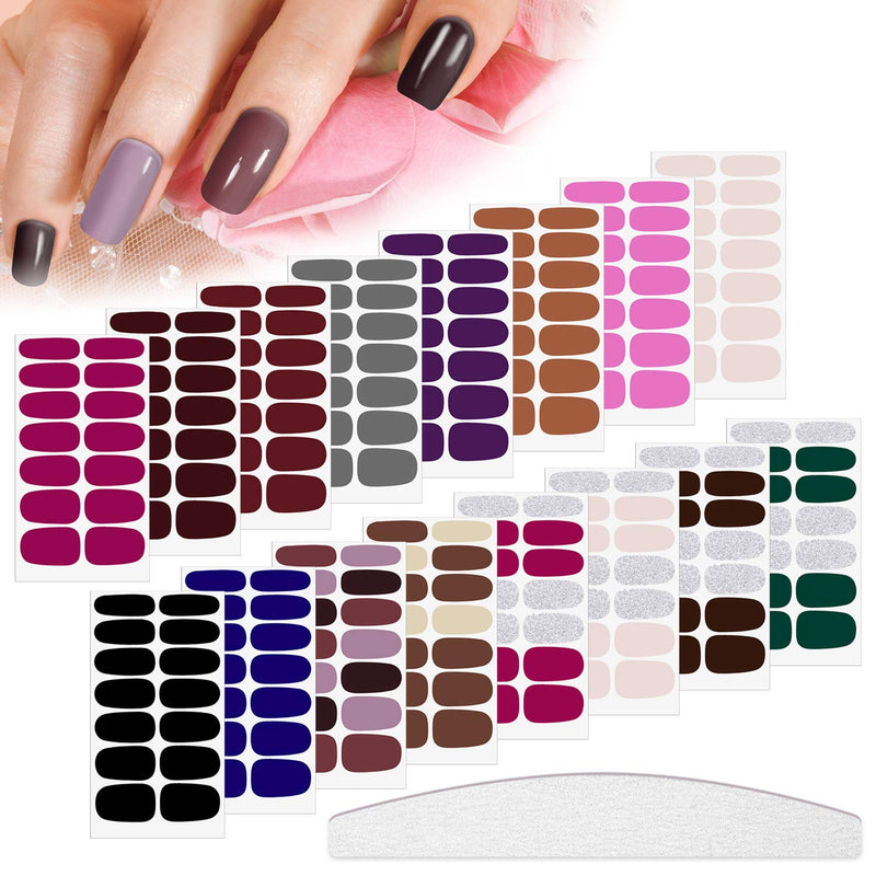 224 Pieces 16 Sheets Nail Polish Stickers Self-Adhesive Polish Wraps Stickers Classic Solid Glitter Adhesive Full Wraps Strips Nail Art Polish Decals with Nail File for Women Girls (Multicoloured) Multicoloured - BeesActive Australia