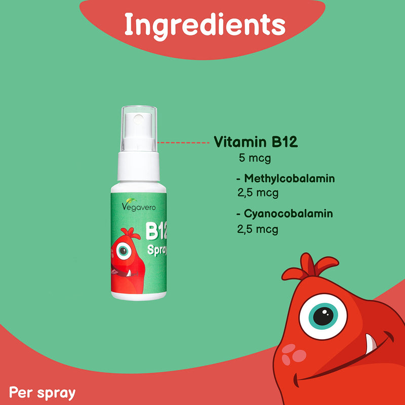 Vitamin B12 for Kids Spray Vegavero� | Natural Cherry Flavour | NO Additives | Children�s B12 Methylcobalamin & Cyanocobalamin | with Natural Xylitol | Over 4 Months Supply | 125 Sprays | Vegan - BeesActive Australia