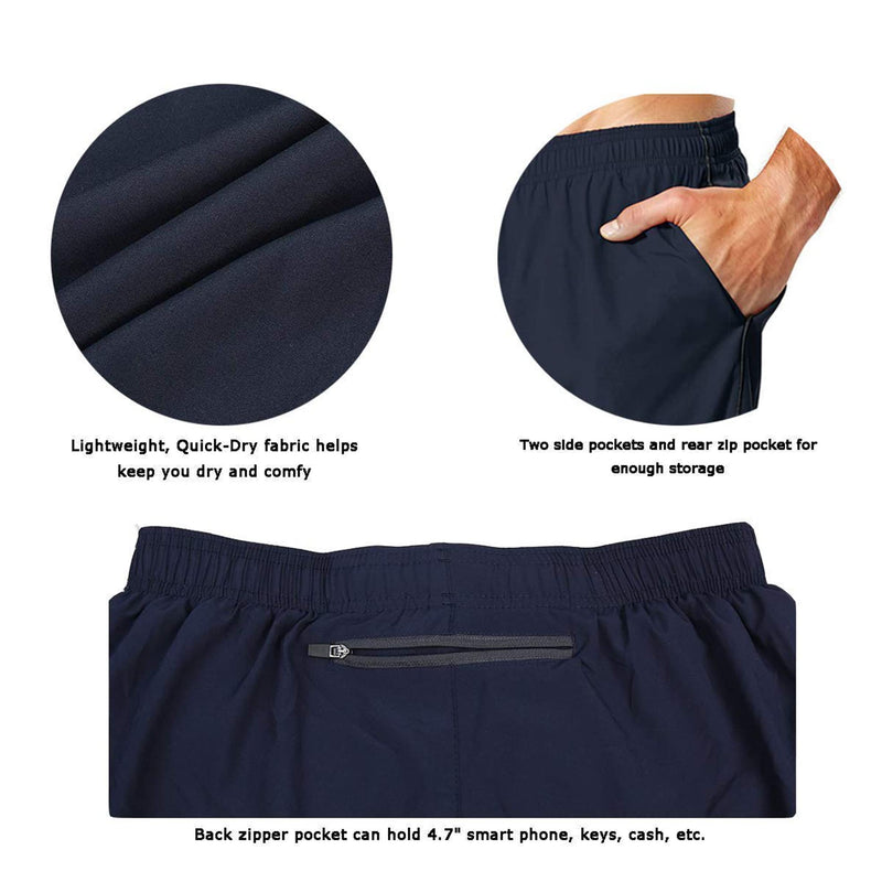 EZRUN Men's 5 Inches Running Workout Shorts Quick Dry Lightweight Athletic Shorts with Liner Zipper Pockets Navy Blue XX-Large - BeesActive Australia
