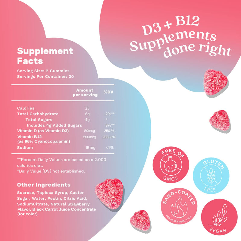 BeLive Vitamin D3 Gummies with B12 Vitamins - 60 Ct I Vega Immune Support Gummies with Vitamin B12 & D3, Provides Enhanced Bone & Muscle Strength, Hearth Health and Energy - Strawberry Flavour - BeesActive Australia