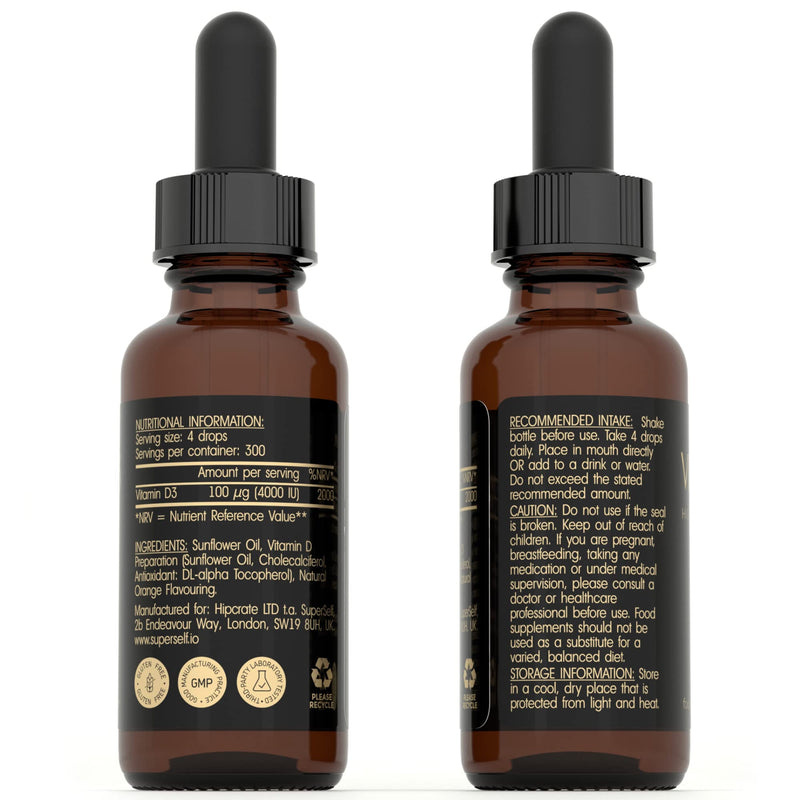 Vitamin D Drops - Vitamin D3 4000 IU Liquid for Adults - 60ml 1200 Drops - High Strength & Absorption Supplement for Strong Bones, Teeth, Immune System - Vit D 1000IU per 1 Drop - UK Made & Vegetarian - BeesActive Australia