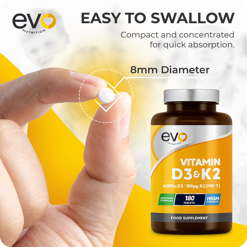 Vitamin D3 4000iu & Vitamin K2 100ug (MK7) |180 Vitamin D3 K2 Vegetarian Tablets | 1-A-Day | 6 Month Supply | High Strength D3 and K2 Vitamin | Vitamin D K2 Supplement | Made in The UK - BeesActive Australia