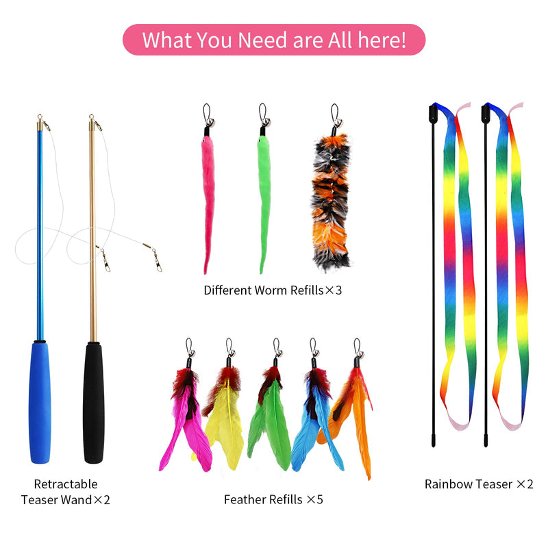 Cat Toys, 12PCS Interactive Kitten Toys, Retractable Indoor Cat Wand Toys with Replacement Teaser, Interactive Rainbow Ribbon and Make Exercise for Kitten or Cats by Sunshinetop - BeesActive Australia