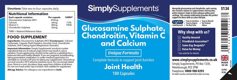 Glucosamine, Chondroitin, VIT C, Calcium | Popularly Taken by Those Who Enjoy an Active Lifestyle | 2X 180 Capsules | Manufactured in The UK - BeesActive Australia