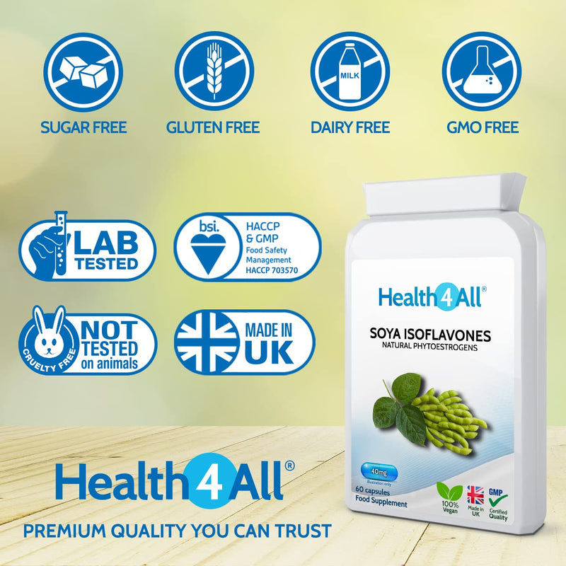SOYA Isoflavones 40mg 60 Capsules (V) . GMO Free, Non-Irradiated, Menopause Support Supplement Made in The UK by Health4All 60 Count (Pack of 1) - BeesActive Australia