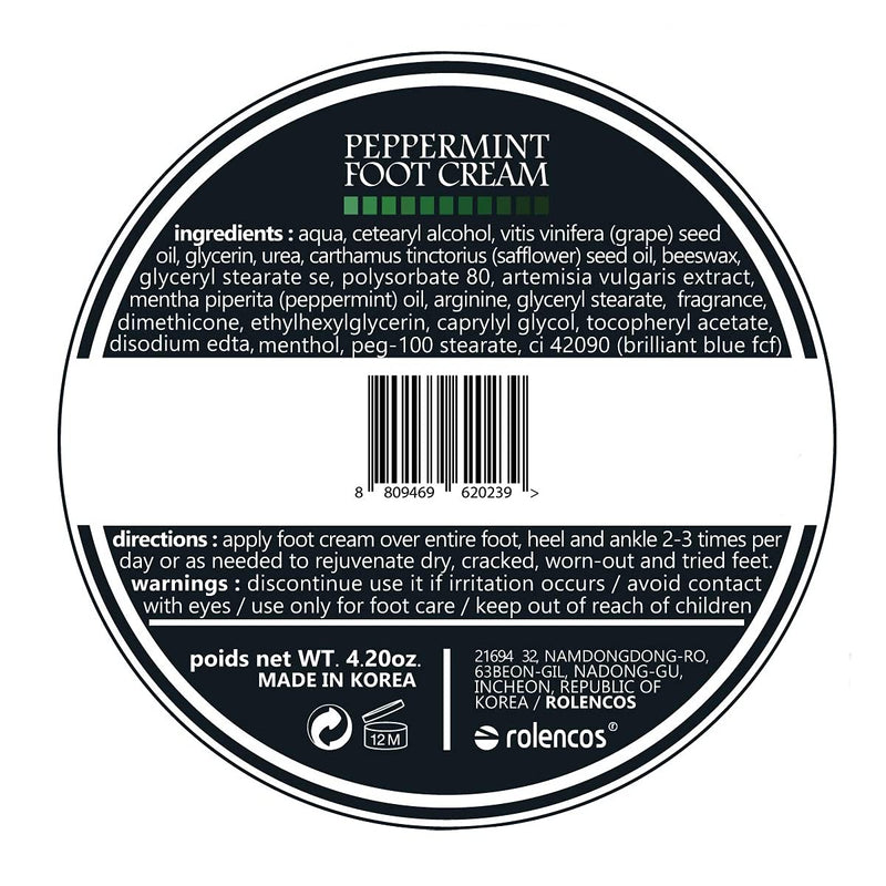 Rolencos Peppermint Cooling Moisturizing Foot Cream 4.20oz, Callus Remover, Thick, Cracked, Rough, Dead and Dry, Hard Feet, Heels, Soles, Professional Crack Foot Care Rescue Cream Peppermint Foot Cream - BeesActive Australia