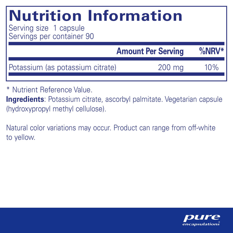 Pure Encapsulations - Potassium (Citrate) - Essential Mineral for Vascular Function and Overall Health - 90 Capsules - BeesActive Australia