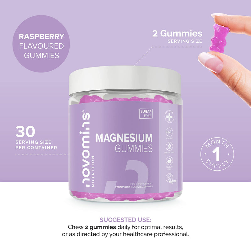 Magnesium Gummies � Sugar Free - Vegan � 1 Month Supply - Gluten Free - Chewable Magnesium Supplements � 1091 mg Magnesium Citrate Providing 120mg of Magnesium - Made by Novomins Raspberry 60 count (Pack of 1) - BeesActive Australia