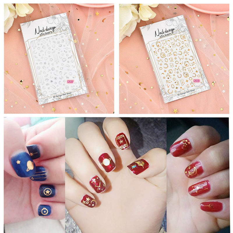 MONIKA Selected 10 Sheets Senior Designer Design Self-Adhesive Moon and Star Nail Stickers for Women3D,Metallic Nail Decals Gold Silver Geometry Stars Moon Love Heart Planet Glitter Nail Art Design(Set 2) - BeesActive Australia