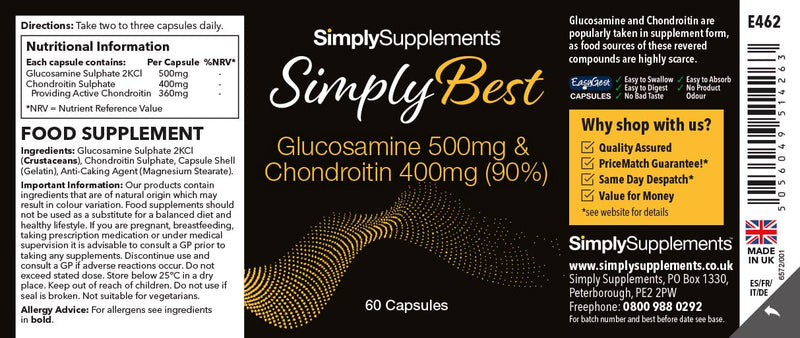 Glucosamine 500mg with Chondroitin 400mg | Grade A Marine Chondroitin Sulphate (90% Purity) | 60 Capsules | Manufactured in The UK - BeesActive Australia