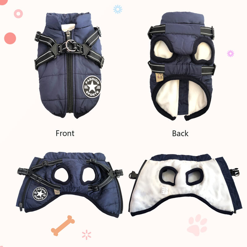 AIMYDOG Warm Dog Winter Coat Cozy Waterproof Windproof Dog Outdoor Jacket, Adjustable Pet Vest with Harness & D Rings, Thick Polar Fleece Lining, Reflective Dog Apparel for Small Medium Large Dogs Blue - BeesActive Australia