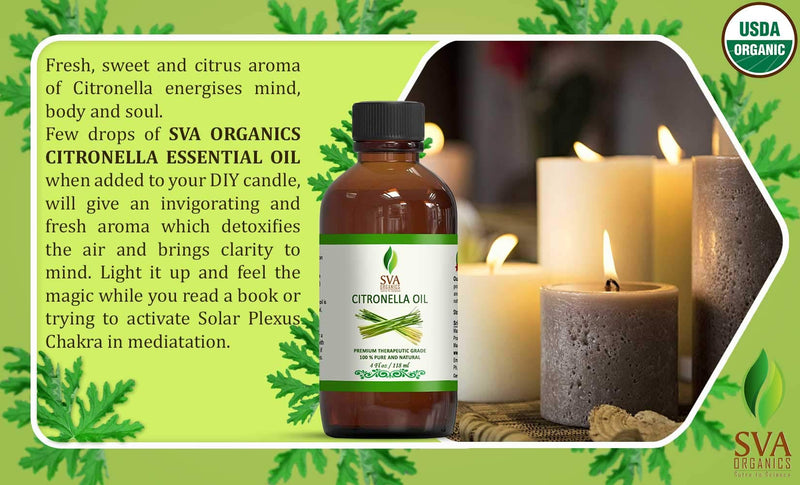 SVA Organics Citronella Essential Oil Organic USDA 4 Oz Pure Natural Therapeutic Grade Oil for Skin, Body, Diffuser, Candle Making - BeesActive Australia